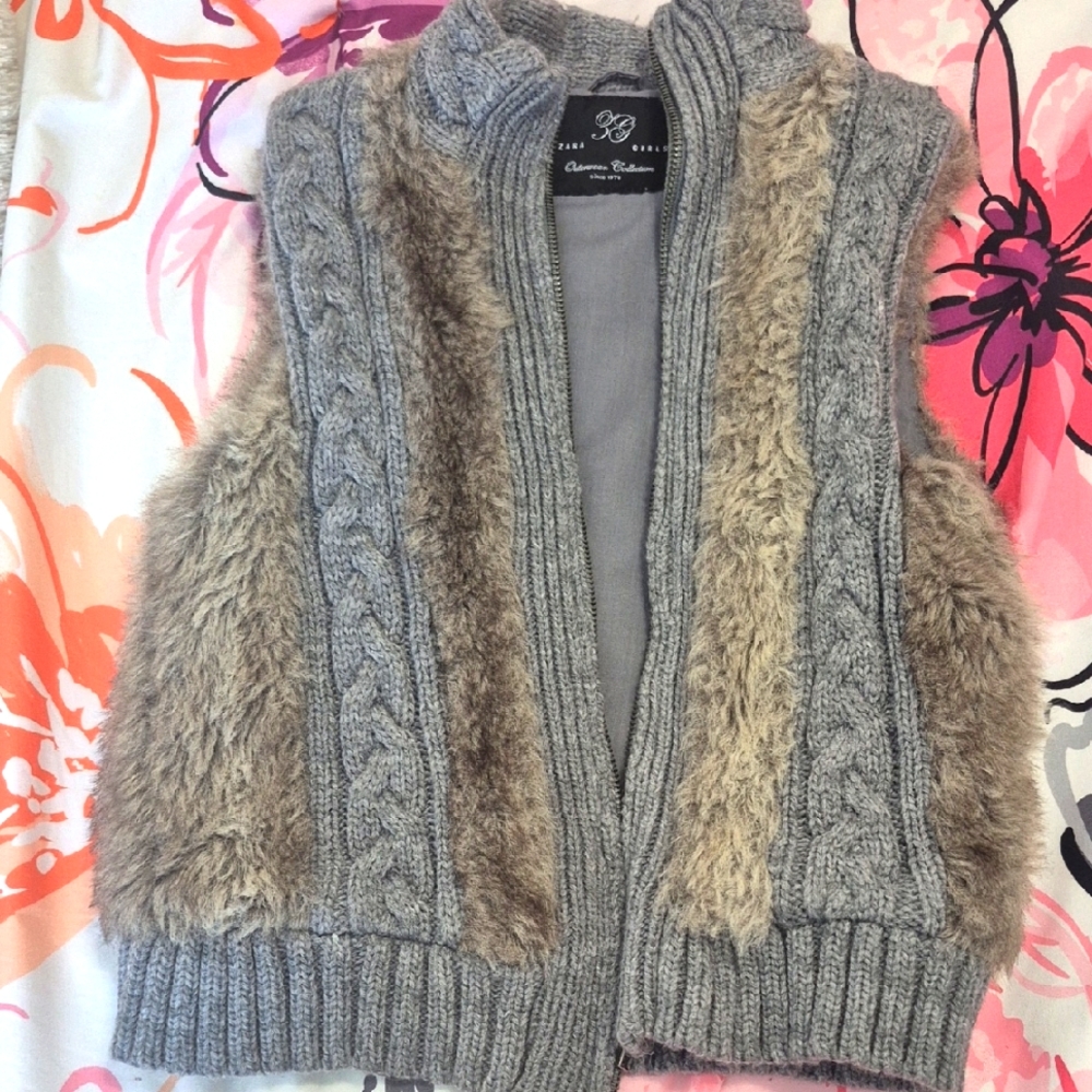 Zara Girls Outerwear Collection Gray and Brown Faux Fur Vest